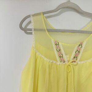 Vintage MW Yellow Sheer Lace Babydoll Nightgown Women L USA Made Coquette